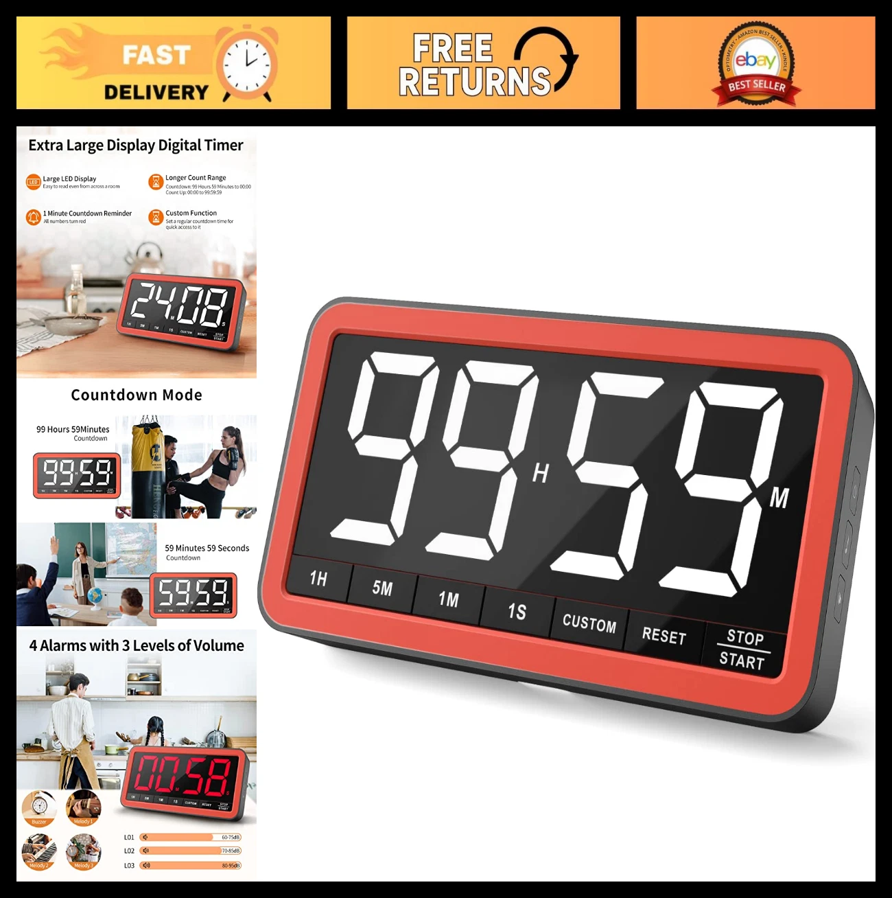 Digital Kitchen Timer - 7.8" Large Display, Magnetic LED, 4 Alarms, 3 Volume Lev