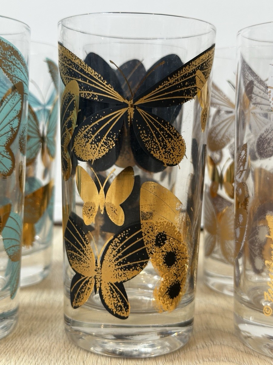Vtg Set Of 7 MCM Fred Press 22k Gold Butterfly Glasses Black White