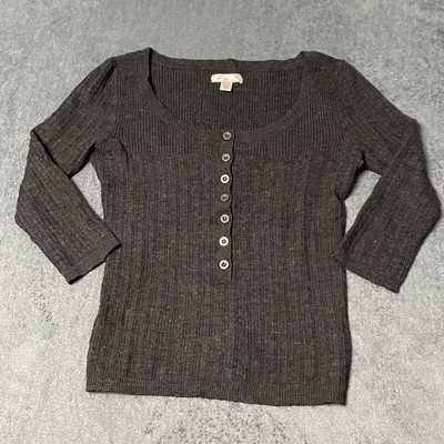 LUX Sweater Top Womens M Dark Gray Knit 3/4 Sleeve Scoop Neck Button Blouse