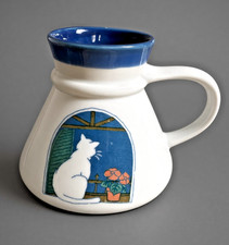 Vintage Otagiri Style Japan Coffee Mug Blue With Cat wide base. 8-10 oz