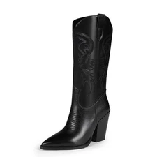 ISNOM Black Cowboy Boots - Women's Knee High Western Boots for women