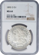 1892-O Morgan Silver Dollar $ MS64 NGC 950762-4