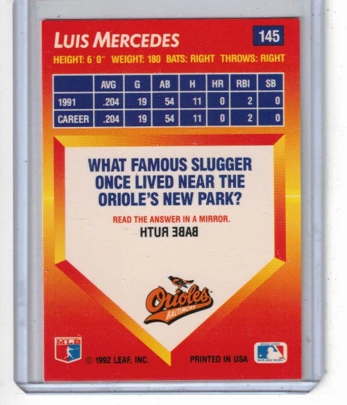1992 Donruss Triple Play #145 Luis Mercedes - Orioles - Image 2 of 2