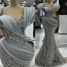 Silver Mermaid Evening Dress Phantom Stickers Beaded Crystal Lace Ball Gowns