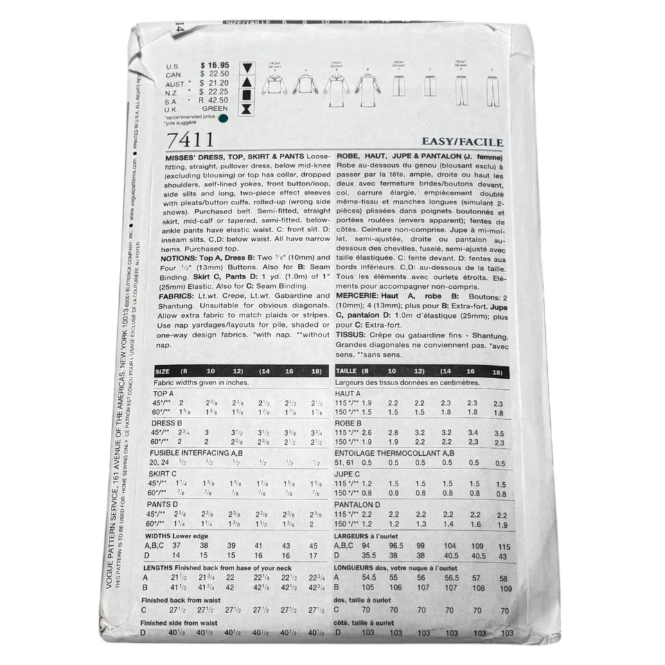 Vogue 7411 Wardrobe Womans Dress Top Skirt Pants Sz 14 16 18 Pattern Uncut - Изображение 2 из 4