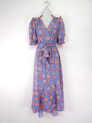 ME+EM Kleid Größe 10 Blau Paisley Blumen Wickel Midi Puffärmel Rüschen Sommer