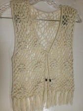 Vest Bohemian Crochet Small Puff Stitch Flower Hippie Beads Flower 1970s Retro