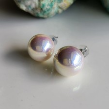 Sea Shell 12mm Japanese White Akoya Pearl Stud Earrings 925 Sterling Silver
