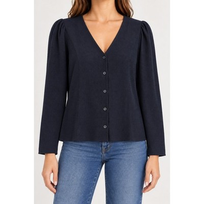 Madewell Womens Black Textured Long Sleeve V Neck Button Front Shirt Top Size-4