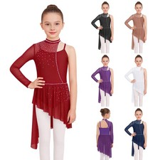 Kids Girls Leotard Latin Lyrical One Shoulder Dresses Rumba Dancewear Mock Neck