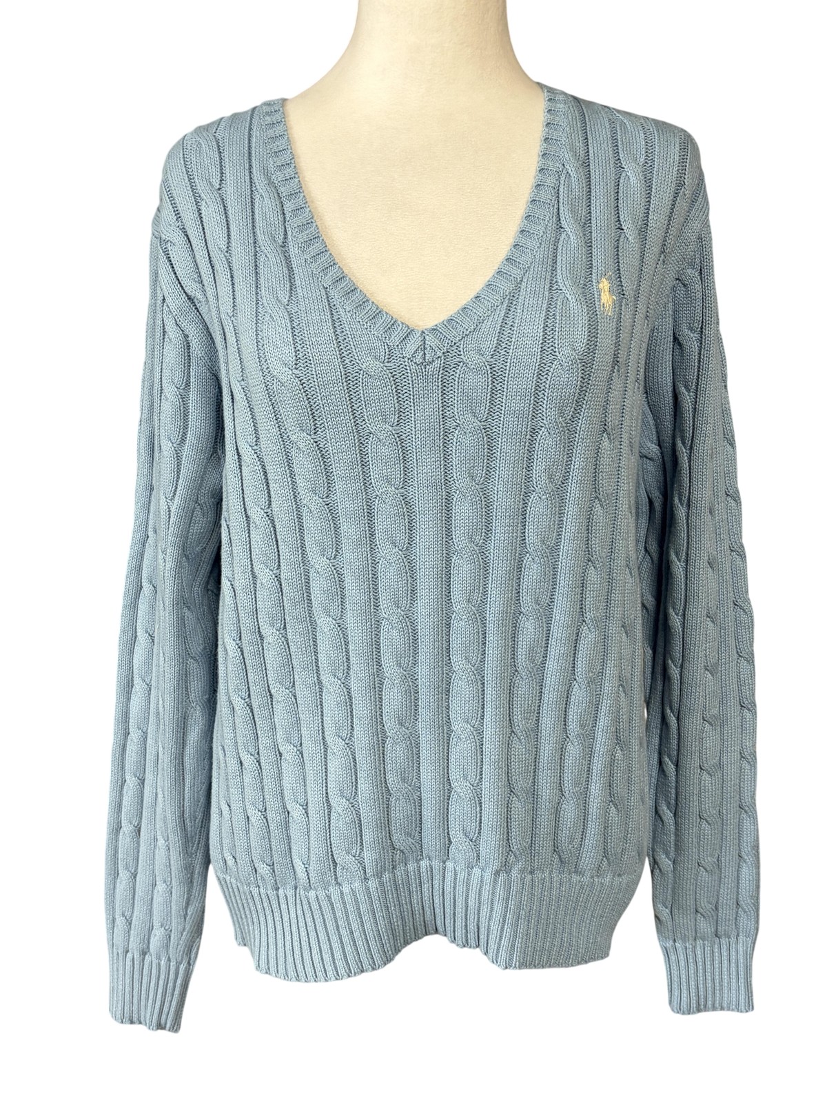 Polo Ralph Lauren Sweater Womens M Blue 100% Cotton Cable Knit V Neck Pullover