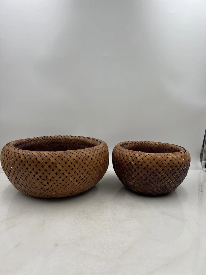 Handwoven Rattan Bamboo Wicker Basket Bowl Set Pair Nesting Boho Decor Round - Image 3 of 4