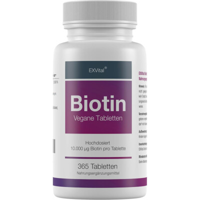 EXVital Biotin für Haare, Haut und Fingernägel, hochdosiert, 10.000 mc, 365 Stk.