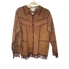 Dressbarn Vintage Leather Suede & Crochet Brown Patchwork Embroidered Jacket Med