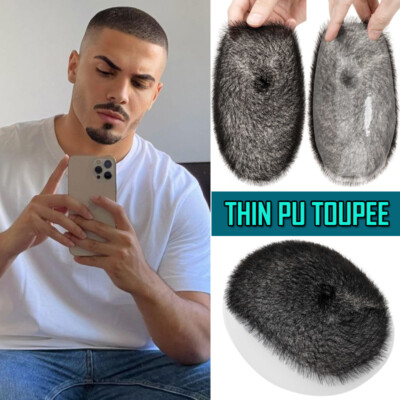 Mens Toupee Hairpiece PU Human Hair System Replacement Buzz Cut Short Hair Wigs