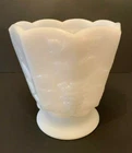 Vintage Milk Glass Grape Panel Small Compote Bowl Planter Footed Scallop Edge