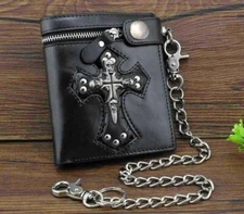 Punk Skulls Cross Money Men's Black Leather Zipper Wallet With A Chain Cool