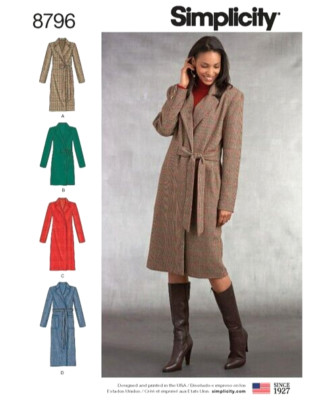 Simplicity 8796 Misses Lined Coat / 3 lengths Sewing Pattern Sz 16-24 New!