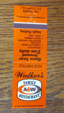 A & W ROOT BEER & RESTAURANT MATCHBOOK COVER: WALKER'S BALDIN WI MATCHCOVER -B21