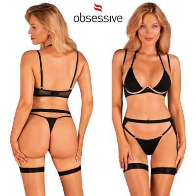 Obsessive Black Selinne 3-Piece Lingerie Bra Set XS/S/M/L/2XL Underwear Suit