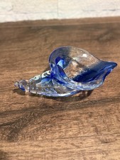 Art Glass Conch Shell Sculpture Figurine Blue Clear Vintage Paperweight 8.5  Lng