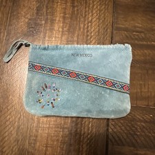 Vintage New Mexico Native American Beaded Suede Coin Purse Turquoise Blue Fringe