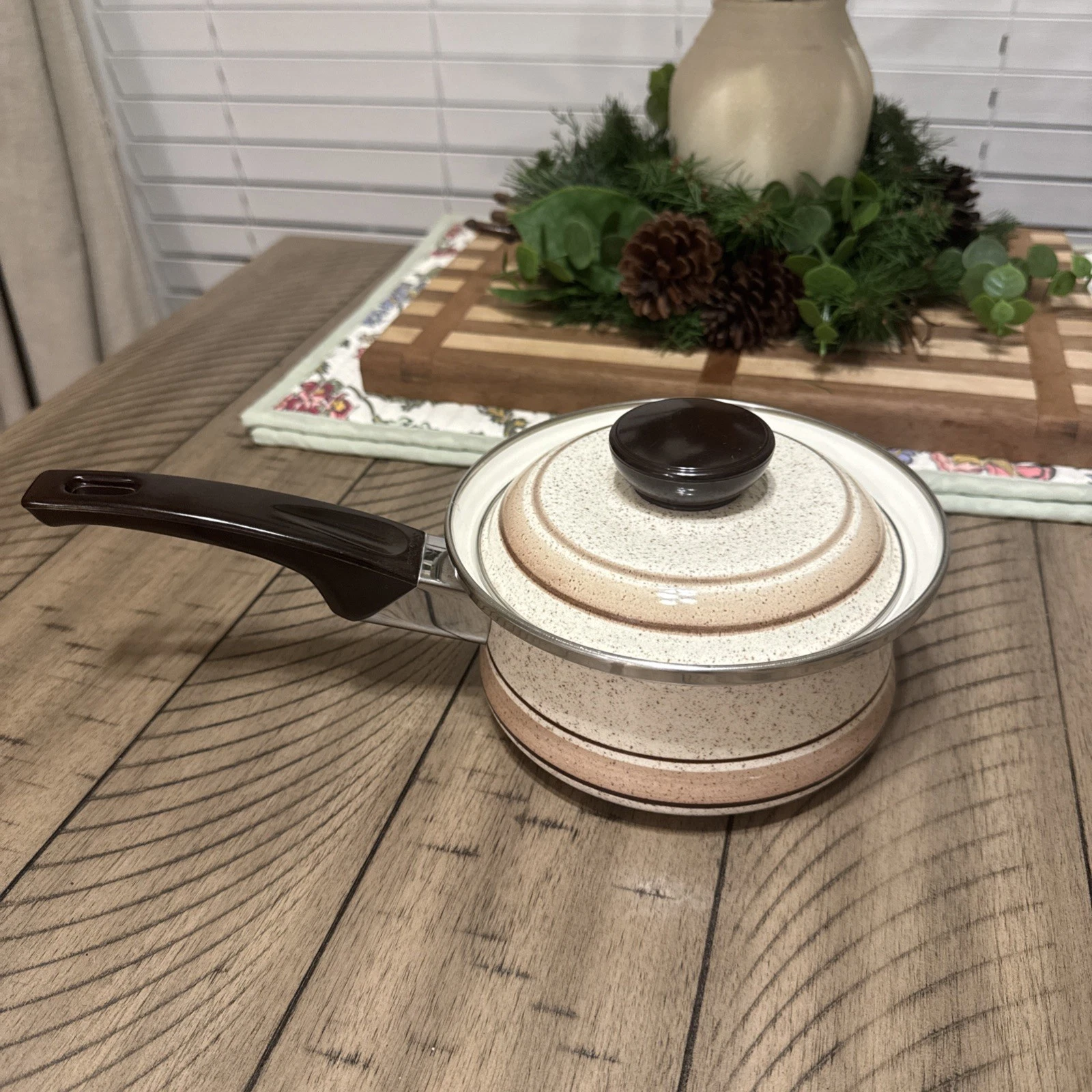 VTG Almond Flair Porcelain on Steel Saucepan Lid Speckled Beige Brown Retro