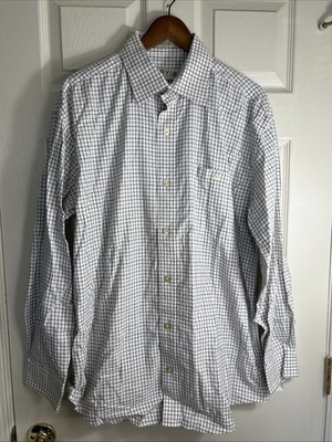 ORVIS Off White Double White Blue TATTERSALL Plaid Brushed TWILL Dress Sz Large