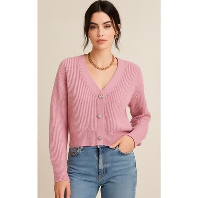 Cinq à Sept Palmer Pink Rhinestone Button Cardigan - L
