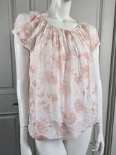 Elena Baldi Pinkn Floral Bubble Hem 100 Silk Short Sleeve Top Blouse Sz S NWT