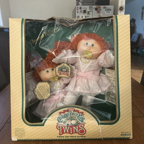 1985 Cabbage Patch Doll Twins In Box Red Hair Pink Dress Green Eyes With Papers