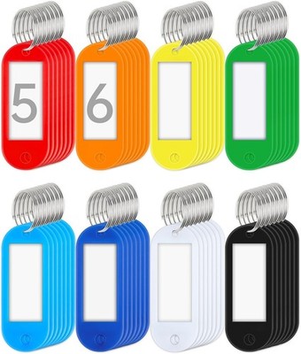 56-Pack Plastic Key Tags with Rings, Writeable Key Labels in 8 Bright Colors