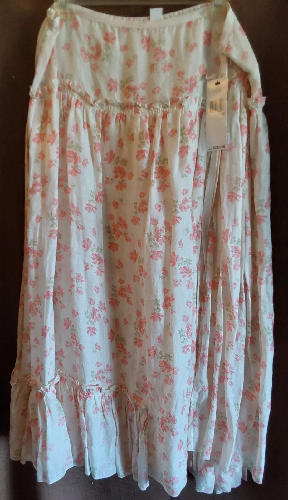 DKNY Pure Skirt In 100% Ramie Linen in Off White background with Peach Flora, 12