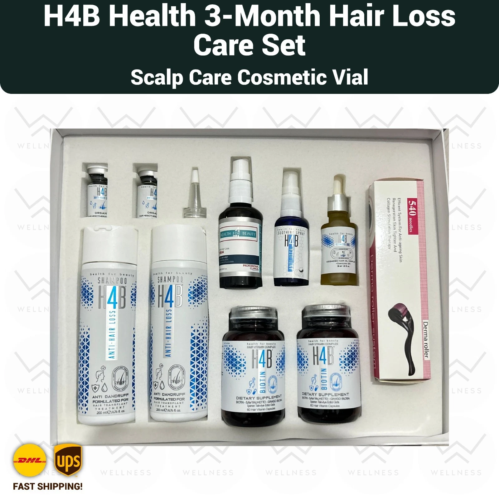 H4B Health 3-Month Hair Loss Care Set Shampoo Serums Ozonized Oil Dermaroller