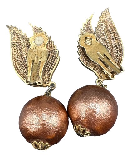 VTG Pair Clip On Earrings Antique Gold Finish Copper Colored Balls Dangle - Picture 3 of 8