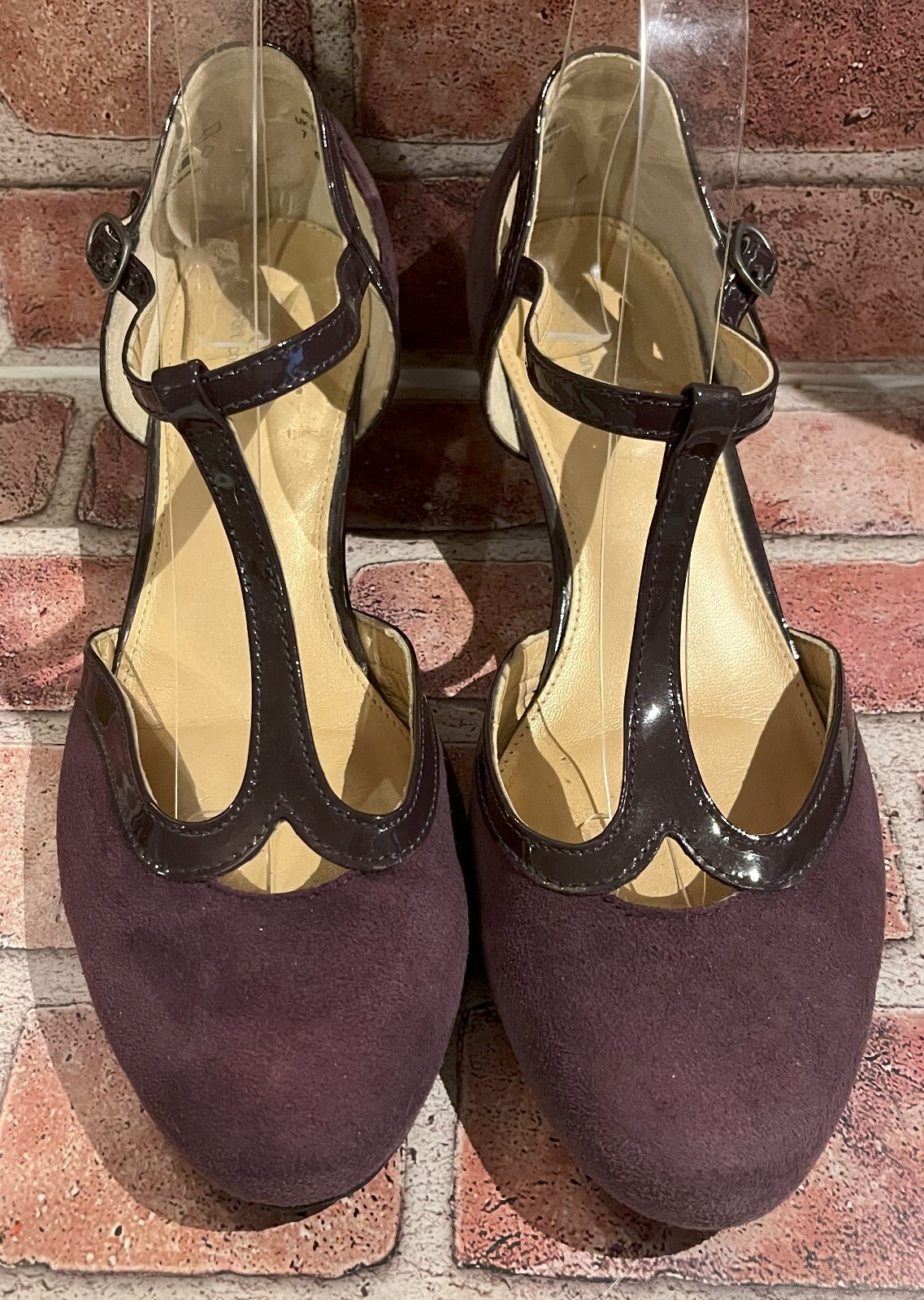 HOTTER COMFORT CONCEPT PURPLE SUEDE & LEATHER T-STRAP RUMBA MID HEEL PUMPS 9M