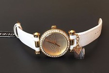 NEW GUESS GOLD TONE,WHITE SAFFIANO LEATHER,CRYSTALS,CHARM, WATCH W0304L7