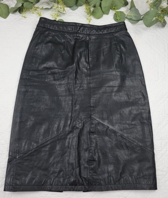 VTG Pelle Cuir Black Leather Pencil Skirt 100% Leather Size 14 Made in Korea