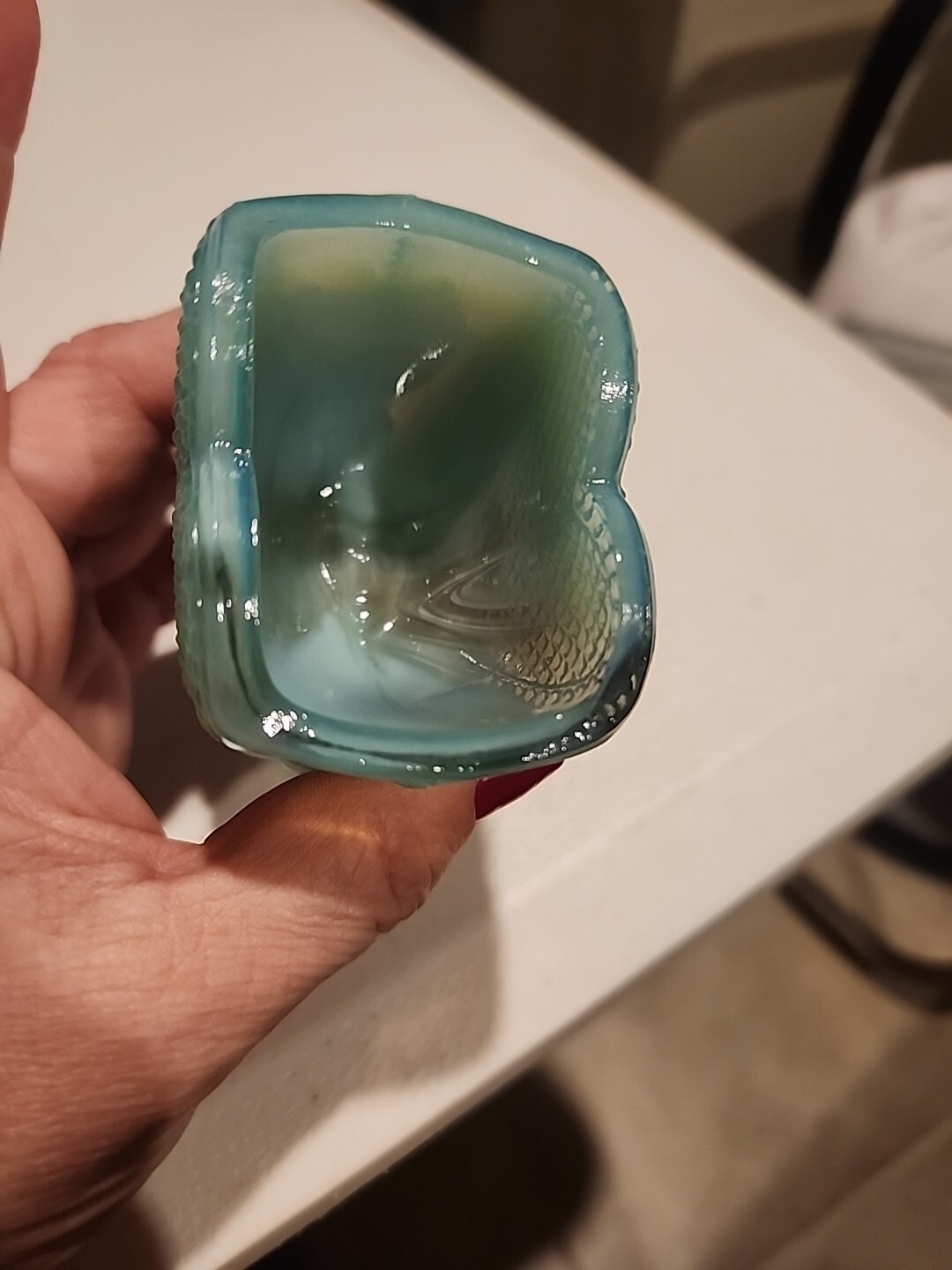 Degenhart Glass Blue Slag Heart Collectible Toothpick Holder Vtg Glows