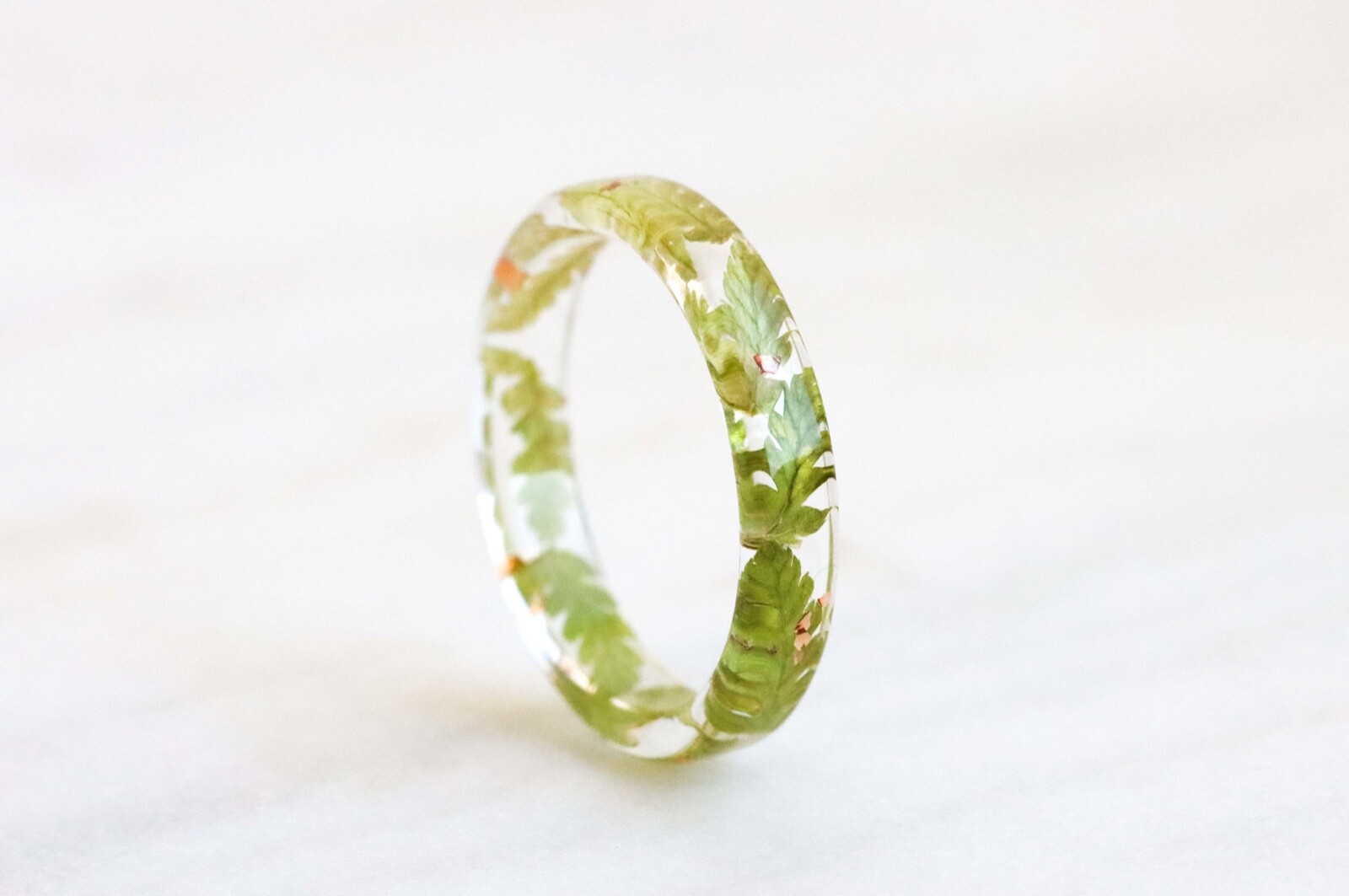 Thin Resin Ring with Pressed Forest Fern Leaves and Gold Flakes, Nature Inspired
