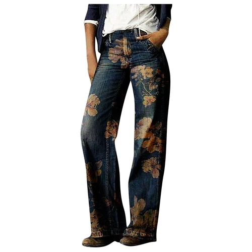 Women Ladies Floral Denim Jeans High-Waist Bell-bottom Wide Leg Street Pants - Picture 5 of 14