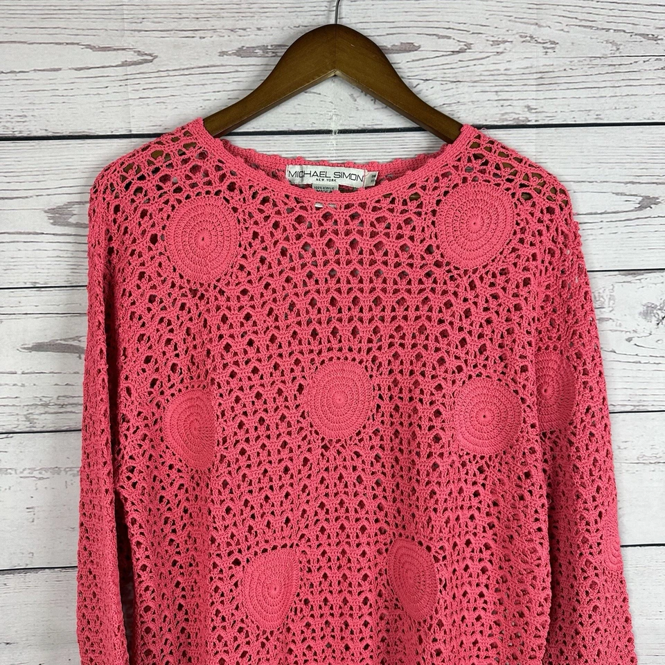 Michael Simon Sweater Womens OS Pink Crochet Lace Knit Bright Art Heavy - Image 2 of 4