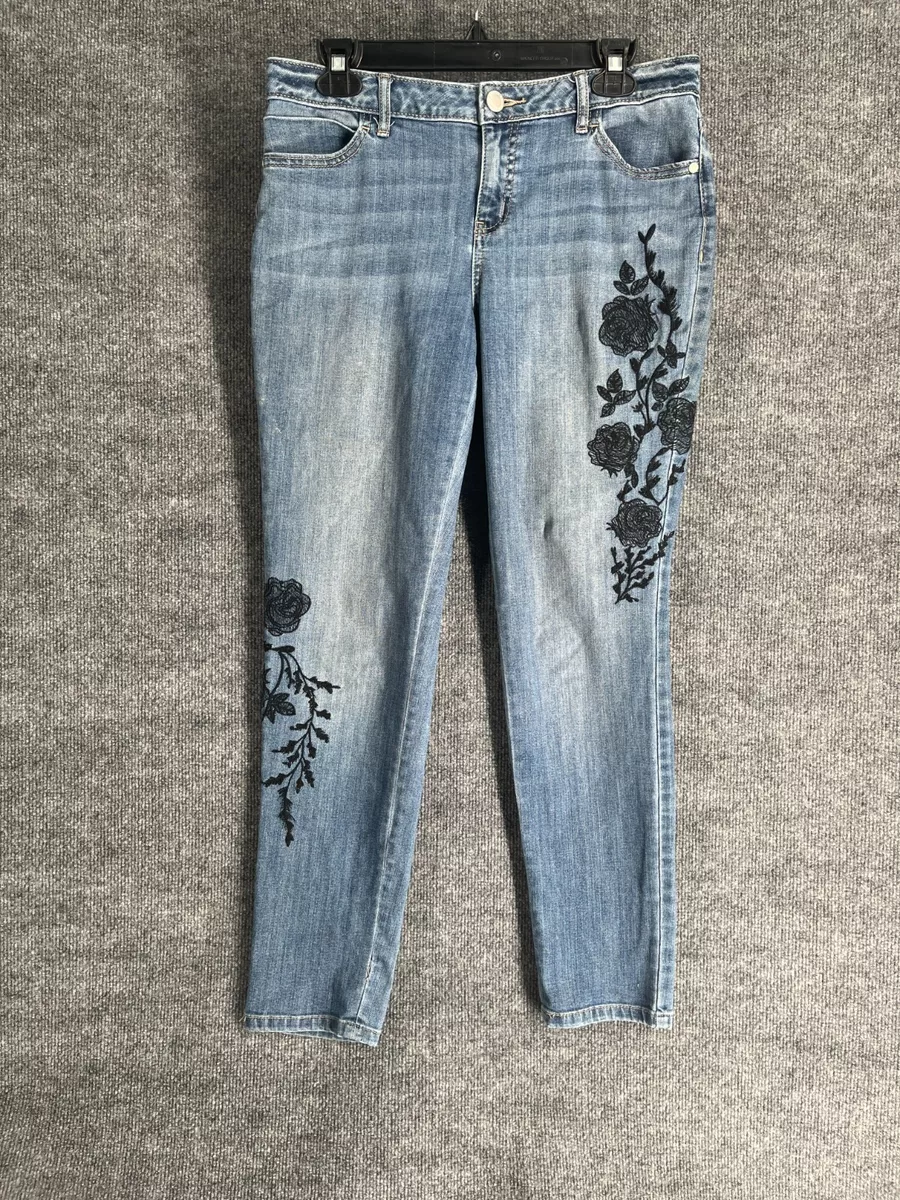 Simply Vera Wang Skinny Mid Rise Blue Jeans Floral Embroidered Women Size 8