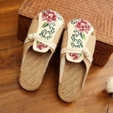 Nuevas pantuflas planas de lino bordadas florales punta redonda para mujer zapatos cómodos sin cordones