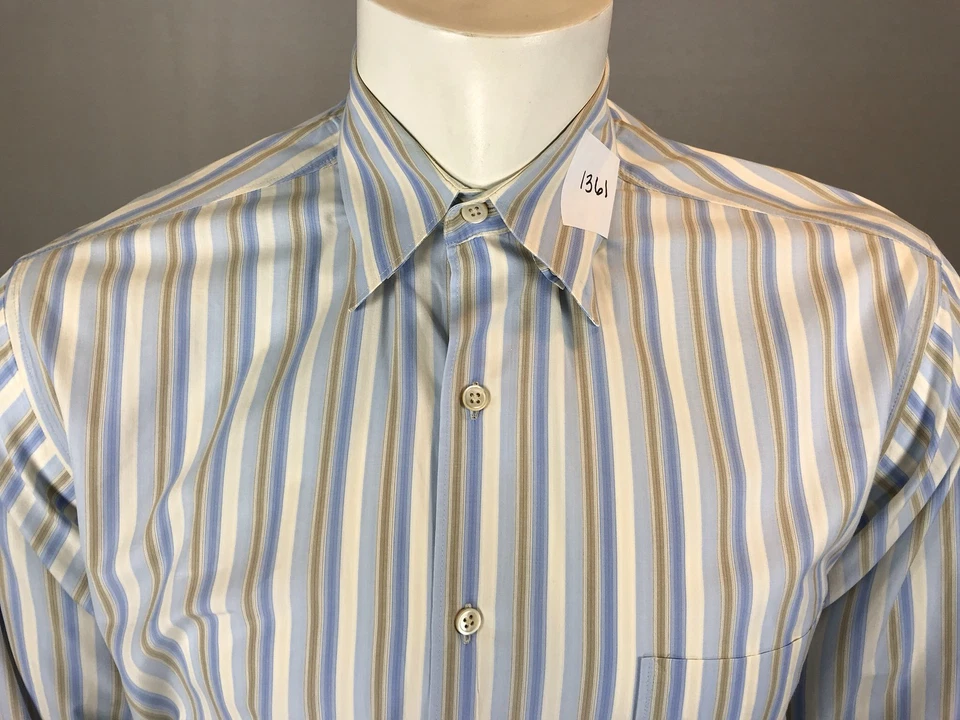 Mens Martin Gordon Medium Pastel Striped Blue Beige & Tan L/S Button Down Shirt - Image 2 of 4