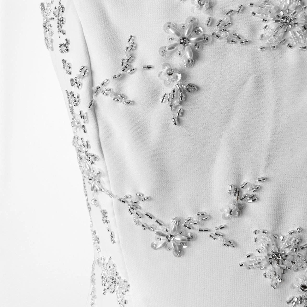 OFF WHITE Abito da ballo formale svasato vintage bianco floreale perline volant vestibilità alta bassa taglia S