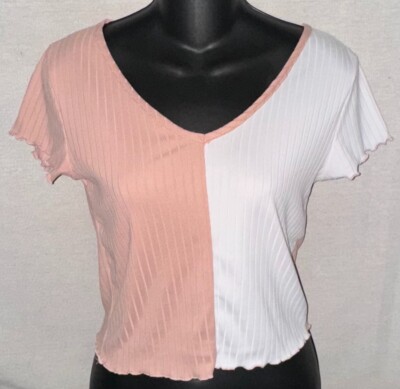 YMI Collections Peach & White V-Neck Cap Sleeve Top - S
