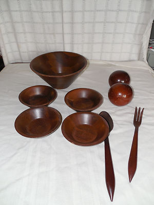 Vintage walnut salad bowl set 9pc tooth pick holders