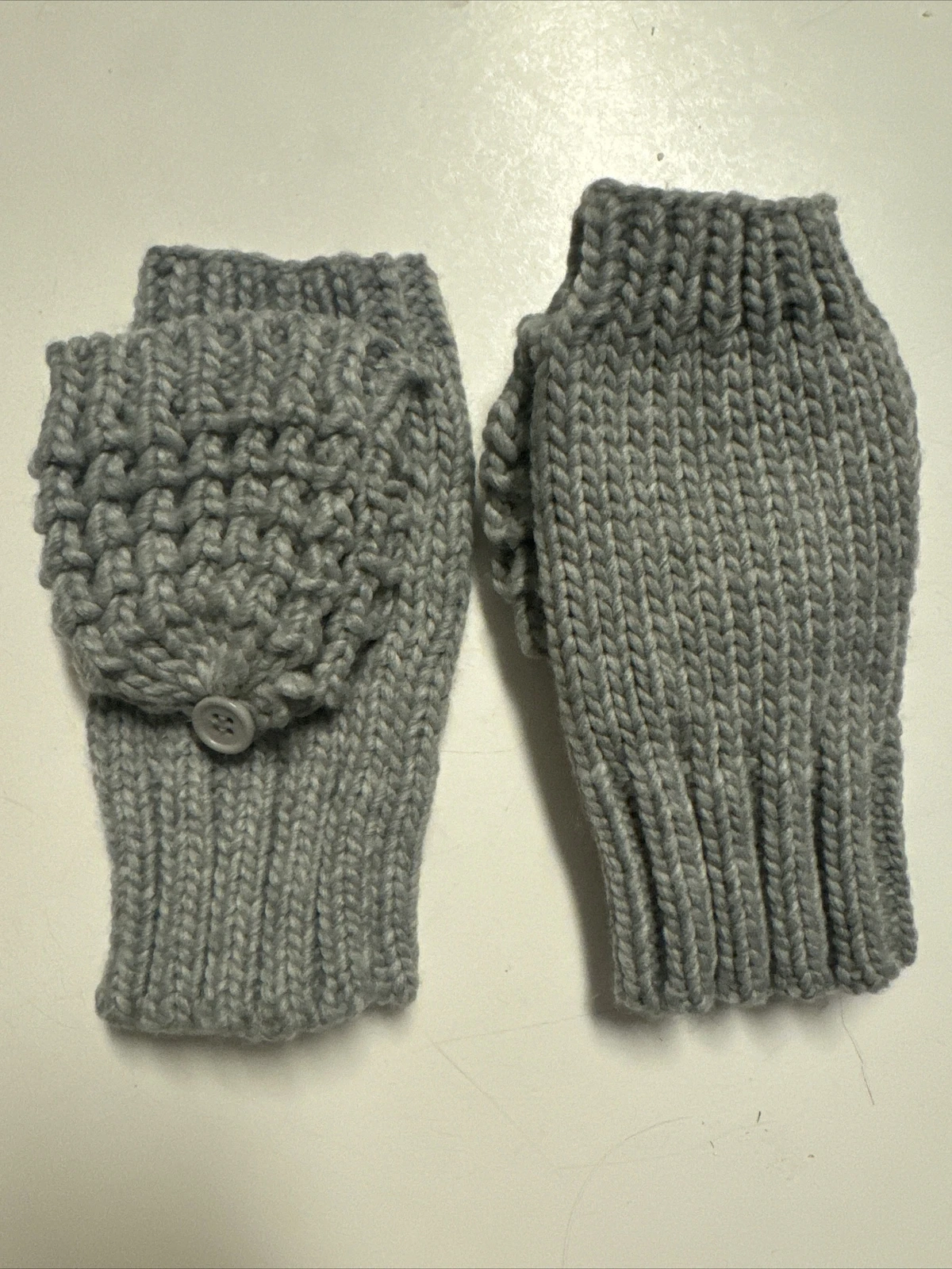 Fingerless Gloves Mittens Foldover Gray Warm Knit Button Thumb Open Hands Winter