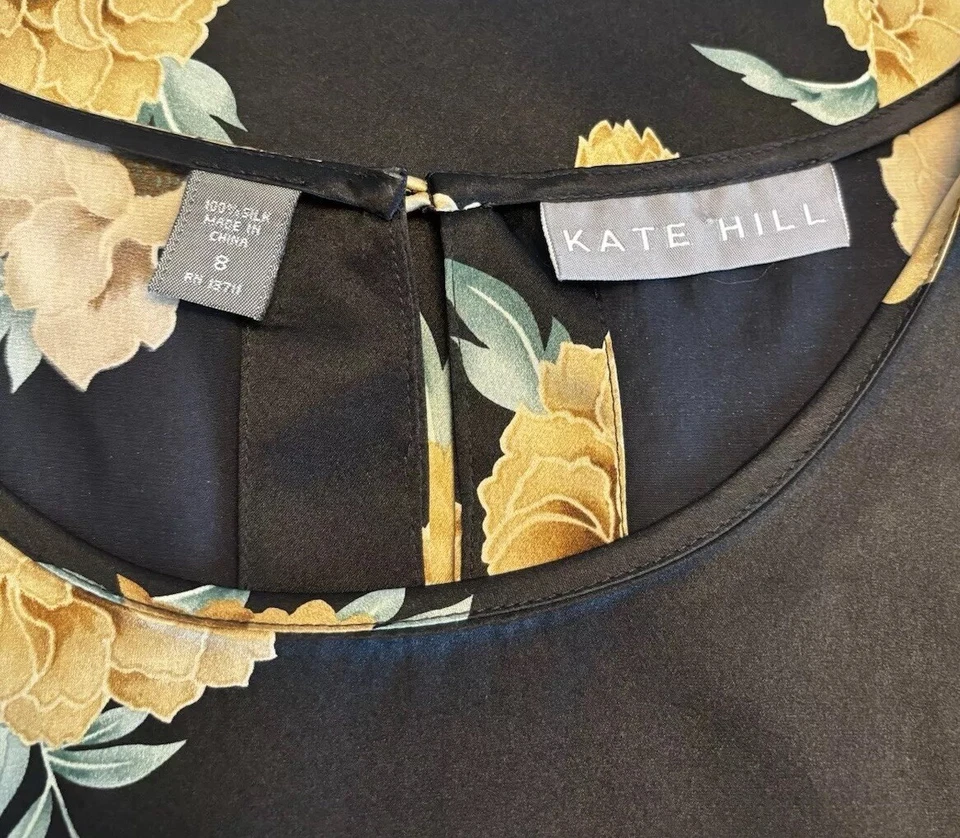 Kate Hill Silk Top Satin Black Tank Sleeveless Size 8 Floral Roses - Image 4 of 4
